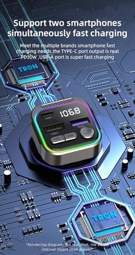 Tron 30 W Bluetooth FM Transmitter: Dual USB-C & USB-A Fast Charging Car Adapter with Enhanced Compatibility for Seamless Streaming and Hands-Free Calling – Ideal for Modern Drivers Seeking Efficiency and Style