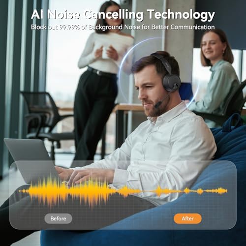 LEVN Professional Wireless Bluetooth Headset with AI Noise Cancellation – 60 Hours of Uninterrupted Battery Life, Effortless Dual Device Pairing, and Mute Functionality for Ultimate Call Clarity – Ideal for Laptops, Smartphones, and Busy Call Centers – Ergonomically Designed for All-Day Wear and Comfort
