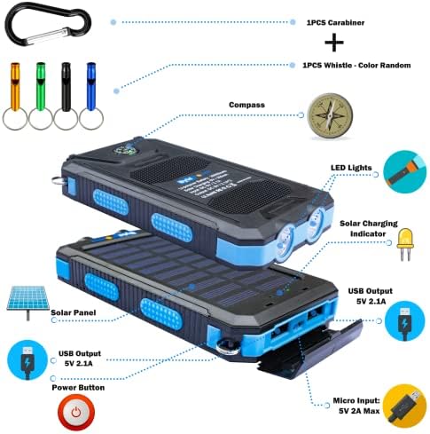 High-Capacity 20000 m Ah Solar Power Bank with Emergency Tools – Waterproof Portable Charger for Camping, Hiking & Outdoor Adventures with Carabiner, Compass, Whistle, and Dual USB Ports for Quick Charging