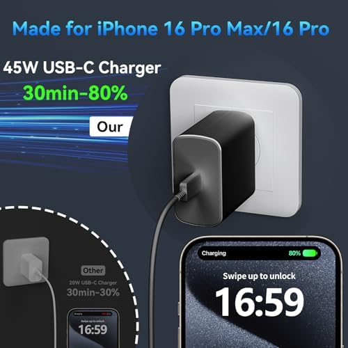Elevate Your Charging Experience with the 45 W Super Fast USB-C Charger and 6.6 FT Cable – Optimal for i Phone 16 Pro Max, i Pad, and Android Devices – Compact, High-Efficiency Power Adapter with Advanced Safety Features for On-the-Go Users