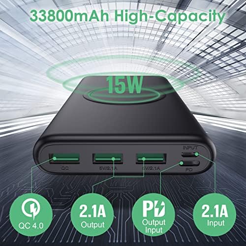 Ultra-High Capacity Wireless Portable Power Bank – 33,800 m Ah with 15 W Fast Wireless Charging & 25 W PD QC 4.0 – Versatile Dual Input & 5 Output Ports – Ideal for i Phone 16/15/14/13/12 & Android Devices – Essential Travel Companion with Enhanced Speed and Durability