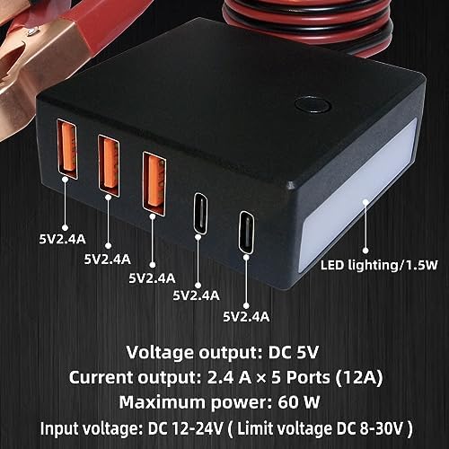 12 V 24 V USB USB-C DC Buck Charger Adapter with Battery Clip – 5 V 12 A 60 W Multi-Port Power Solution for Ultimate Device Compatibility and Fast Charging Efficiency