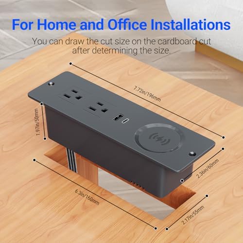 Recessed Power Strip with 15 W Wireless Charging & PD20 W USB-C Fast Charge – Sleek Flush Mount Design for Nightstands, Sofas, and Tables – Maximize Space and Efficiency with Dual Outlets and USB Ports for Ultimate Convenience