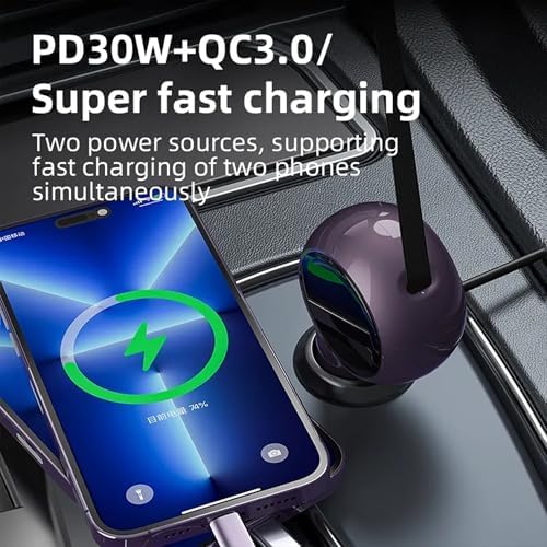 60 W Retractable USB-C Car Charger – Dual-Port Fast Charging Adapter for i Phone 15, Samsung, i Pad & Mac Book – Compact Design for Travel with Overcurrent Protection – Ultimate Compatibility & Efficiency on the Road