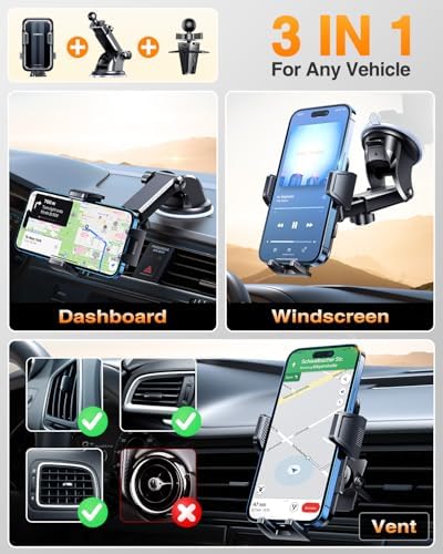 VANMASS 2025 Premium Car Phone Holder – Unmatched 85+ LBS Suction Power for Secure Hands-Free Navigation | Universal Compatibility with i Phone 16 Pro Max, 15, 14, 13 & Android Devices | Versatile Windshield, Dashboard & Air Vent Mount for Maximum Convenience | Durable Design Ensures Safe Driving Experience