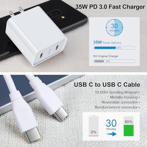 Revolutionize Your Charging Experience with the 35 W Dual Port USB-C Power Adapter – Ultra-Fast Charging for Samsung Galaxy S Series and Google Pixel Devices – Comes with 6 FT Durable USB-C Cable for Enhanced Connectivity – Perfect for Active Lifestyles with Compact Portability – Charge Two Devices at Once with 35 W Total Output for Quick Power Restorations – Essential Accessory for Tech Savvy Users Demanding Efficiency and Reliability – Crafted from Premium Materials for Long-Lasting Durability – Upgrade Your Power Solutions with This Versatile Fast Charger Designed for Maximum Compatibility and Rapid Performance.
