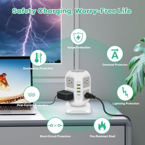 Ultimate 8-Outlet Power Strip Tower with 15 FT Extension Cord | Compact Surge Protector with 4 USB Ports & 20 W USB-C Fast Charging | Space-Saving Desk Organizer for Office & Home | Enhanced Compatibility for All Devices