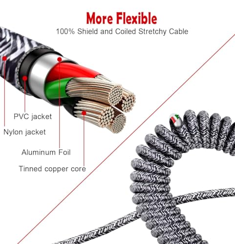 Coiled 65 W Type-C Charger Cable with 90-Degree Right Angle Connector – 2 ft to 8 ft Adjustable Braided Cord for Seamless Android Auto & Car Play Compatibility – Durable, Anti-Tangle Design for All Type-C Devices – Ultimate Flexibility & Fast Charging Solution
