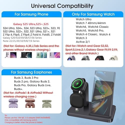 3-in-1 Fast Wireless Charging Station for Samsung Devices – Ultra-Compatible Dock for Galaxy S25/S24/S23/Z Fold/Flip, Galaxy Watch Ultra/7/6/5, and Galaxy Buds – Sleek Design with Case-Friendly Charging and Advanced Safety Features – Ideal for Home, Office, and Multi-User Environments – (Black)
