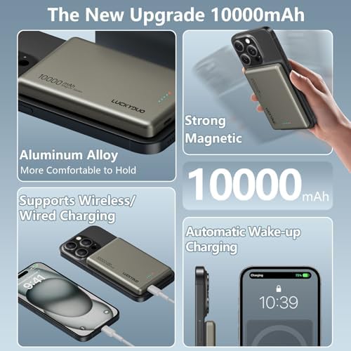 LUCKYDUO Ultra Slim 10000 m Ah Magnetic Power Bank – Sleek Wireless Charger with PD 20 W Two-Way USB-C Fast Charging for i Phone 16/15/14/13 Series – Perfect Travel Companion for Effortless Charging on the Go
