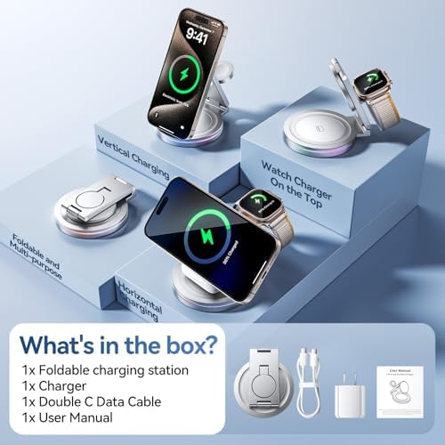 Sleek 3-in-1 Wireless Charging Station for Apple Devices – 15 W Fast Mag-Safe Qi-Certified Portable Charger Stand for i Phone 12/13/14, Apple Watch & Air Pods Pro/2/3 – Adjustable Viewing Angle & Compact Design in Elegant Silver Finish – Ultimate Convenience for Home and Office Use