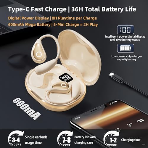 Stylish Pink Bluetooth Earbuds for Active Women – High-Performance Sports Headphones with 36-Hour Battery Life, IPX7 Waterproof Design, Secure Over-Ear Hooks, and Touch Control – Ideal for Gym, Running, and HD Sound Experience with Quick Charge Feature