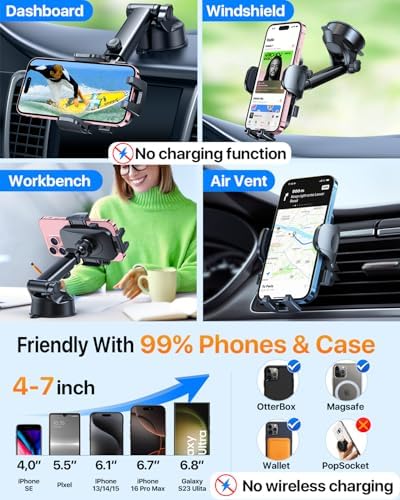 Military-Grade Universal Car Phone Holder – Enhanced 2025 Suction & Clip Technology for i Phone 16 Pro Max, 15 & Samsung – Adjustable Dashboard, Windshield, Air Vent Mount for Optimal Viewing & Safety – Durable Black Design for Secure Smartphone Access