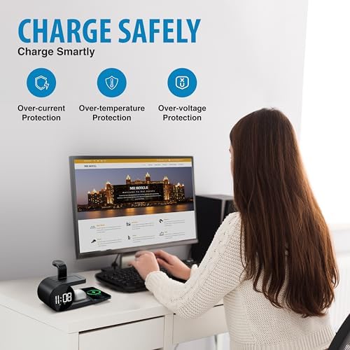 Brookstone 4-in-1 Wireless Charging Station: Elegant Multifunctional Hub for i Phone 15 to 12 Pro Max, All Apple Watch Series & Air Pods Compatibility | Fast Charging with Integrated Clock for Home or Office Use