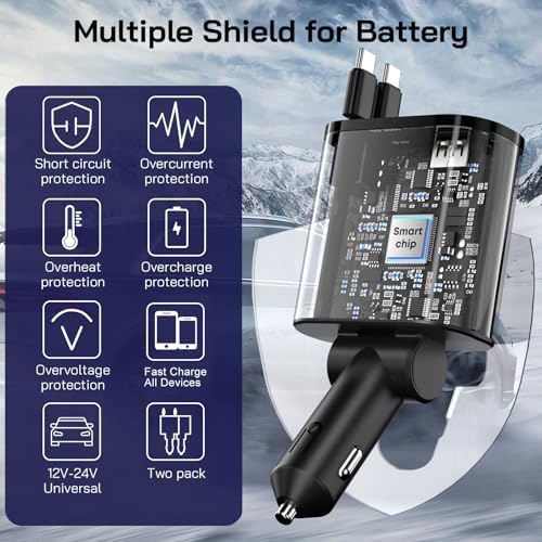 Dual-Output 69 W Retractable Car Charger Set – 4-in-1 Fast Charging Adapter with Type C and Lightning Cables for i Phone 12-16 & Samsung S23/S24 – Compact Design for Seamless Multi-Device Power on the Go