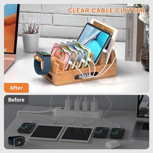 Eco-Friendly Bamboo Multi-Device Charging Station Organizer – Sleek Wood Dock for Phones, Tablets & Smartwatches – Clutter-Free Desktop Solution with Enhanced Compatibility (No USB Charger) – Elevate Your Workspace Aesthetics