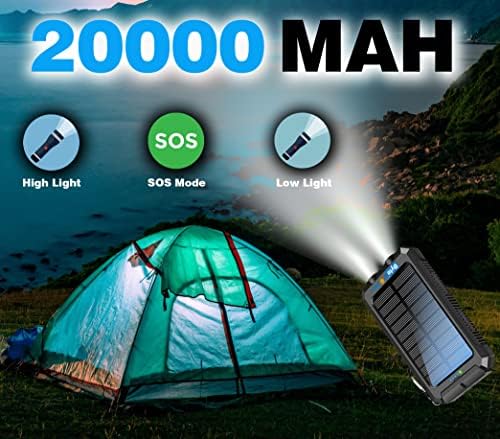 High-Capacity 20000 m Ah Solar Power Bank with Emergency Tools – Waterproof Portable Charger for Camping, Hiking & Outdoor Adventures with Carabiner, Compass, Whistle, and Dual USB Ports for Quick Charging