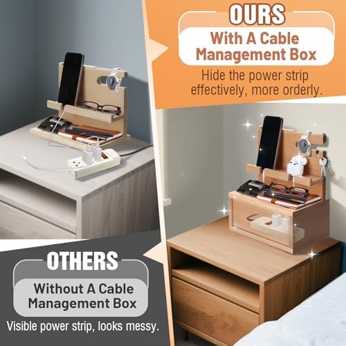 Sustainable Beechwood Nightstand Organizer with Integrated Cable Management – Elegant Phone Docking Station for Men, Boyfriends, and Husbands – Ideal Gift for Birthdays and Anniversaries in Light Yellow – Enhances Organization and Style