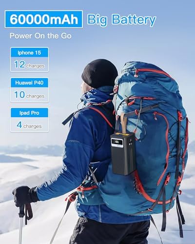 High-Capacity 60000 m Ah Power Bank with Dual Fast Charging Cables, 22.5 W Output, 7 Port Multi-Device Charger, Essential for Outdoor Adventures and Daily Use, Sleek Black Design with LED Flashlight for Emergencies – Ultimate Portable Charging Solution