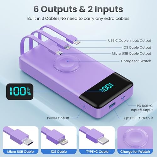 High-Capacity 10800 m Ah Portable Power Bank with Integrated Charging Cables & Wireless Apple Watch Dock – 25 W Quick Charge Solution for i Phone 16/15/14/13/12 & Android Devices – Sleek Pink Design for Effortless Travel – Enhanced Safety Features for Optimal Device Protection