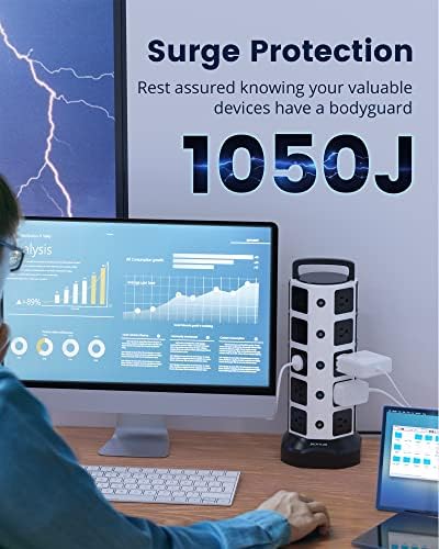 JACKYLED 20-Outlet Power Strip Tower Surge Protector with 6 Fast USB Ports – 1050 Joules Safety Shield, 13 A Desktop Charging Station with 6.5 ft Heavy-Duty Cord, Elegant Black Walnut Design for Home, Office & Garage Use – Ultimate Device Power Solution