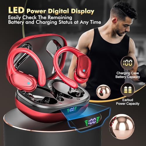 Revolutionary Bluetooth 5.3 Wireless Earbuds with Exceptional 80-Hour Playtime – IPX7 Waterproof Sport Headphones Engineered for Ultimate Noise Isolation and Secure Comfort – Ideal for Gym Enthusiasts and Outdoor Explorers – Striking Red Design – Unmatched Audio Performance for Active Lifestyles