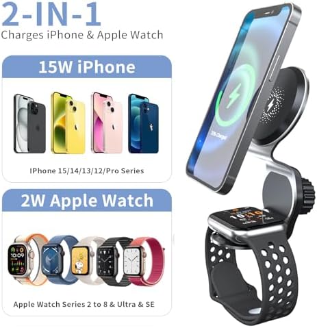 Revolutionary 2-in-1 Wireless Car Charger with Mag Safe Mount – Fast 15 W Magnetic Charging for i Phone 15/14/13/12 & Apple Watch | 7 LED Color Indicators for Real-Time Status | Ultimate Compatibility with Mag Safe Cases and Accessories for Hassle-Free On-the-Go Power Solutions