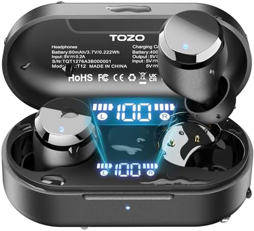 TOZO T12 Advanced Wireless Earbuds – Bluetooth 5.3 Noise Cancelling Headphones with ENC Mic, Unmatched 55-Hour Playtime, App-Customizable EQ, IPX8 Waterproof Protection, LED Display for Optimal Sound Experience – Perfect for Music Lovers and Active Lifestyles