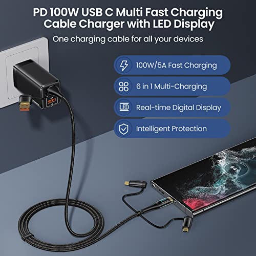 USAMS 100 W 6.6 FT 5 A USB C Multi Charging Cable – Versatile 5-in-1 Fast Charger with LED Display for Seamless Power Delivery to Laptops, Tablets, and Smartphones – Premium Durability and Enhanced Compatibility for Efficient Charging on the Go