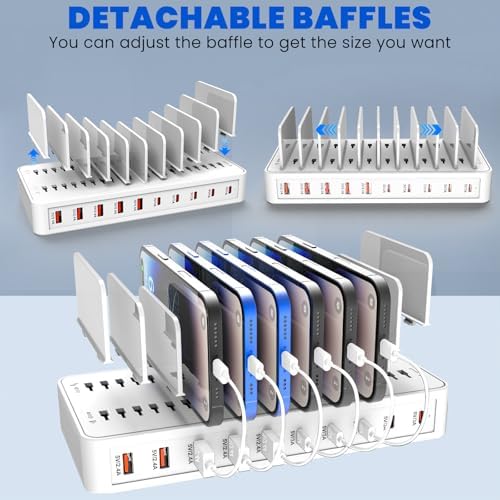 Multi-Device Charging Station with 10 Ports and Smart IC Technology – 100 W Power Dock with Adjustable Dividers and 10 Cables for Efficient Charging of i Phone, Galaxy, i Pad, Tablets – Space-Saving Flat Plug Design for Home and Office Use