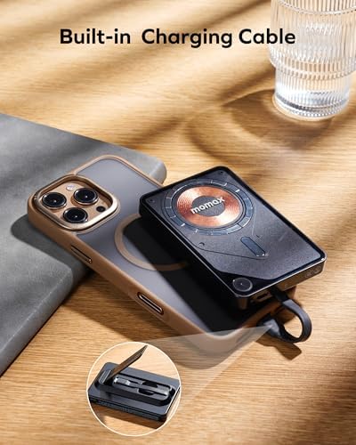 MOMAX 10000 m Ah Magnetic Power Bank – Wireless Portable Charger with 20 W Fast Charging for i Phone 15/14/13/12 Series – Built-in USB-C Cable & Stand for Enhanced Convenience and Versatility – Ultimate Solution for On-the-Go Charging