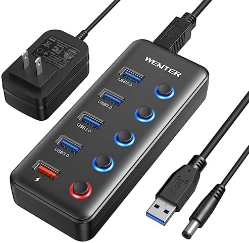 Revolutionize Your Workspace with Wenter 5-Port USB 3.0 Hub – High-Speed Data Transfer & Smart Charging Technology for PC and MAC, Featuring Individual LED Switches and 15 W Power Supply for Ultimate Control and Efficiency