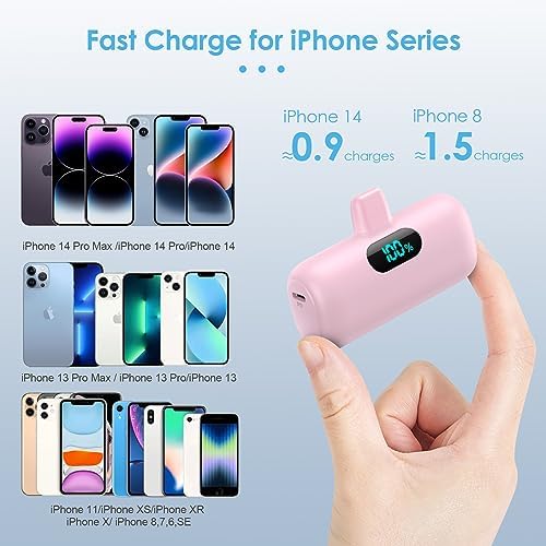 Compact Pink Portable Charger for i Phone – 5000 m Ah PD Fast Charging Power Bank, Lightweight Mini Battery Pack Compatible with i Phone 14/14 Pro Max/13/13 Pro/12 Pro/11/XS/XR/X/8/7/6 – Stylish and Versatile Backup Solution for On-the-Go Power