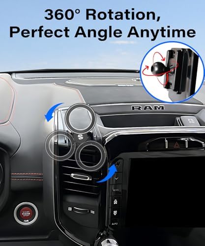 Magnetism Dodge Ram 1500/2500/3500 Phone Holder – Mag-Safe Compatible Hands-Free Car Mount with 360-Degree Rotation for Optimal Viewing – Adjustable Magnetic Cell Phone Accessory Preserving Air Vent Functionality for Safe Driving and Navigation
