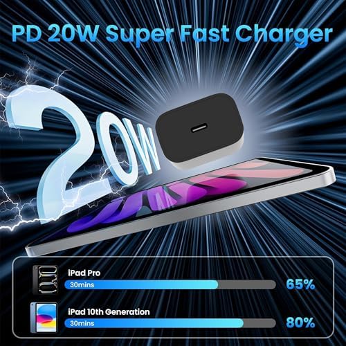 10 FT i Pad Fast Charging Cable Set – High-Power 20 W USB C Charger with Extended Reach for Ultimate Flexibility, Compatible with i Pad 10 th/11 th Gen, i Pad Pro (12.9/11 inch), i Pad Air (4 th/5 th), and i Pad Mini – Durable, Stylish Black Design for Seamless Charging Experience