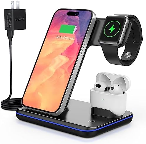 Ultimate 3-in-1 Wireless Charging Station for i Phone, Apple Watch & Air Pods – 15 W Rapid Power Delivery with Customizable LED Lighting – Space-Saving Design for Clutter-Free Desktops & Nightstands – Effortless Cable-Free Charging Experience!