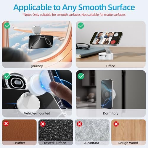 FONKEN Vacuum Suction Magnetic Phone Holder, Adjustable Vacuum Car Phone Holder Foldable Vacuum Magnetic Cell Phone Stand Suction Phone Mount for iPhone 16/15/14/13/12/Gym/Shower/Car/Mirror-White – Enhanced Compatibility and Speed