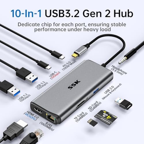Unlock Ultimate Connectivity with the SSK 10-in-1 USB C Hub: High-Speed 10 Gbps Data Transfer, Stunning 4 K HDMI Output, Ethernet Stability & 100 W Power Delivery – The Ideal Multiport Adapter for Mac Books, Laptops, and On-the-Go Professionals! Experience Unmatched Performance, Effortless Organization, and Sleek Style to Transform Your Workspace Today!
