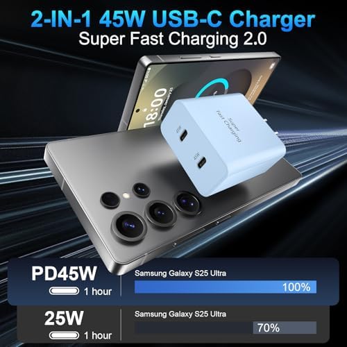 25 W Ultra-Fast USB-C Charger Block with 6.6 FT Type-C Cable for Samsung Galaxy S25/S24/S23/S22/S21/S20 & Note Series – High-Speed Charging Solution for Android Devices with Safety Features and Compact Design