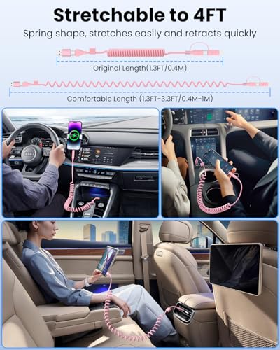 4-in-1 Retractable Lightning & USB-C Charging Cable – 60 W Fast Charge Compatible with i Phone 6-16, Perfect for Car Play and On-the-Go Power Solutions, Durable Coiled Design, 4 FT Tangle-Free Cable for Effortless Charging and Ultimate Convenience in Black