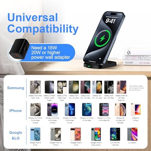 15 W Fast Wireless Charger Stand for Samsung & i Phone – Universal Charging Station for S24, S23, Z Flip 5, i Phone 15, Google Pixel 8 – Sleek Design with Anti-Slip Base & Smart LED Indicator for Effortless Power