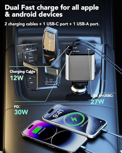 2025 Ultra-Compact 4-in-1 Retractable Car Charger – 69 W Fast Charging Adapter for i Phone 16, Galaxy and More – Innovative Space-Saving Design with Multiple Ports for Simultaneous Device Powering – Essential Car Accessory for Daily Commutes and Road Trips