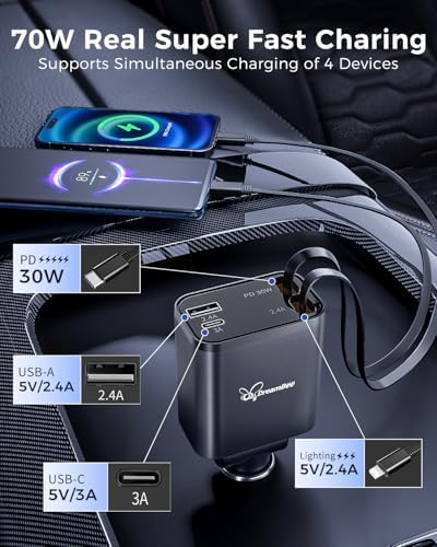 Ultimate Retractable Car Charger PT-27: 4-in-1 Fast Charging Adapter with Dual USB Ports & 31.5-Inch Cables for i Phone & Samsung – Compact, Tangle-Free Power Solution for On-the-Go Connectivity