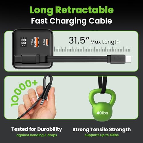 Maximize Charging Efficiency with GEARit 65 W Ga N USB-C Charger – Dual Port Power Block Featuring Retractable 31.5″ Cable for i Phone 16/15, Mac Book Pro/Air, i Pad Pro, and Samsung S25 Ultra – Real-Time Power Display and 3 ft Cord for Ultimate Flexibility and Clutter-Free Use