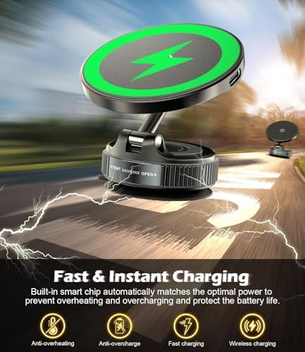 CloudValley 15W Fast Wireless Charger Car Phone Holder Mount, Vacuum Suction Cup Phone Holder Design for MagSafe iPhone 16/15/14/13/12, 360° Adjustable & Foldable Stand for Dashboard & Windshield – Enhanced Compatibility and Speed