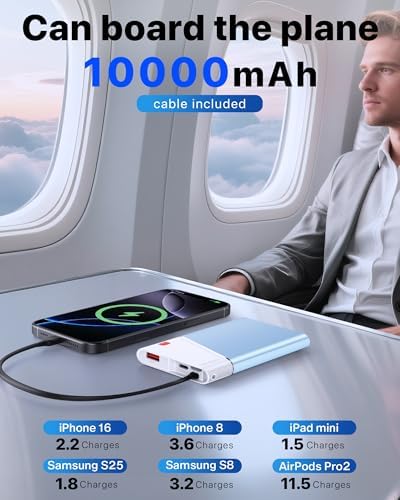 Ultra-Slim 10000 m Ah Power Bank with 22.5 W PD Fast Charging – Built-in USB-C Cable for i Phone 16/15/14, Samsung S24 & More – Lightweight Travel Essential with 15-Layer Safety Protection & Multiple Device Charging Capability