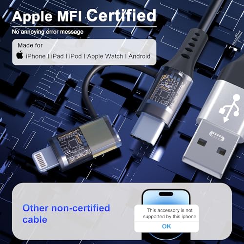 Versatile Coiled USB to USB-C & Lightning Cable Combo for i Phone and Android – MFi Certified Fast Charge & Data Sync up to 3 A – Tangle-Free Design for Apple Car Play & Android Auto Compatibility – Durable, High-Quality Charging Solution for Seamless Connectivity on the Go