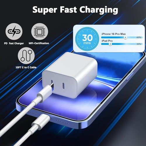 Ultra-Fast Dual Port USB-C i Phone Charger with 10 FT Quick Lightning Cables – High-Efficiency Charging Block for i Phone 14 Pro Max, 13 Pro, 12, 11, XS, XR, 8, SE – Ideal for Home and Travel, 2-Pack for Maximum Convenience and Speed