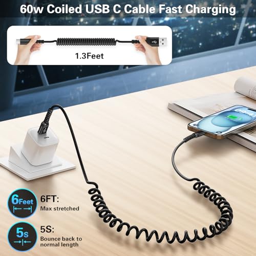 Canjoy 6 FT Retractable Coiled USB C Cable for Car – 5-Pack Fast Charging Cords Compatible with Car Play & Android Auto, Ideal for i Phone 16/15 and Samsung Galaxy S24/S23/S22 – Durable, Tangle-Free Design for Ultimate Convenience