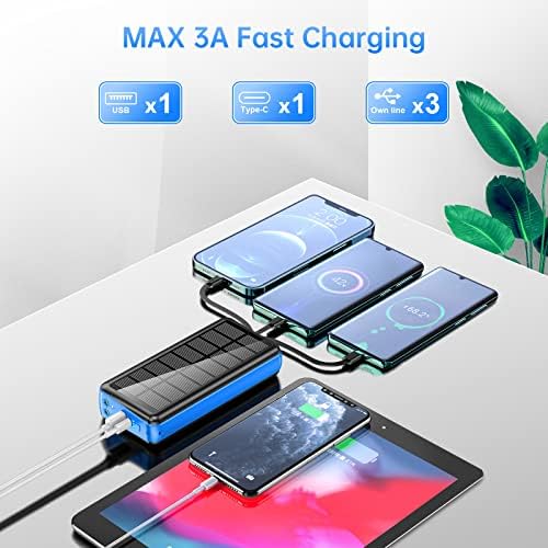 Ultra-Reliable 50,000 m Ah Solar Power Bank with Built-in Cable and Wall Plug | 30 W Fast Charging External Battery Pack with 5 Outputs, Dual LED Flashlights, and Integrated Phone Holder for On-the-Go Convenience (Blue) – Perfect for Travel and Outdoor Adventures
